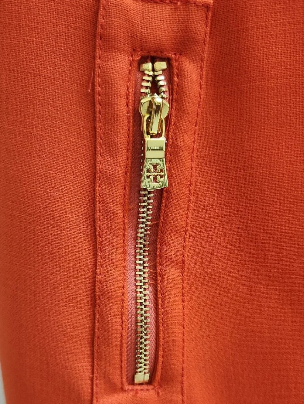 Tory Burch Coral-Red Sleeveless Sheath Dress with Gold Zippers